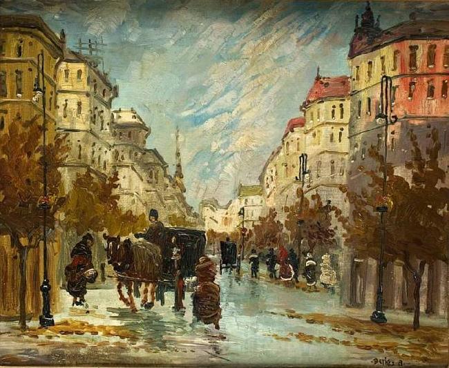 Antal Berkes Street scene with carraiges Germany oil painting art